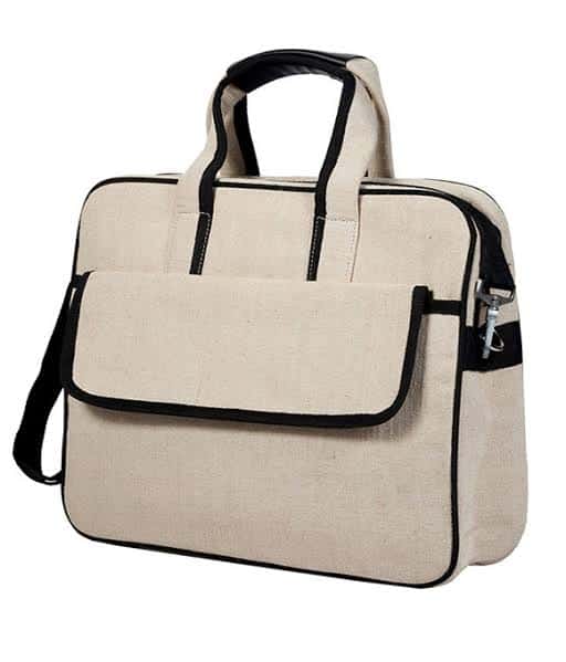 Jute laptop bag with a flap pocket and shoulder strap