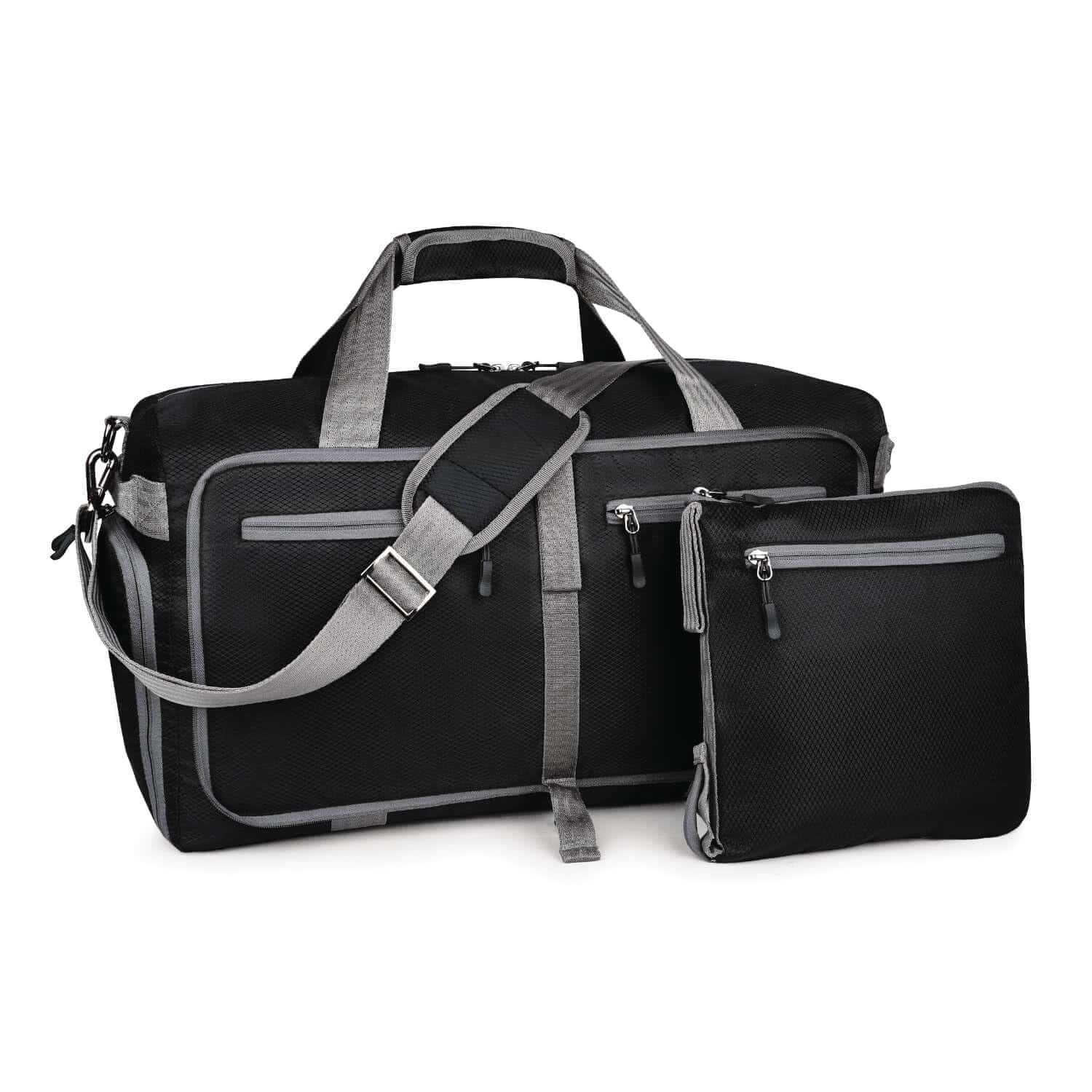 Black travel duffel bag with a matching packing pouch