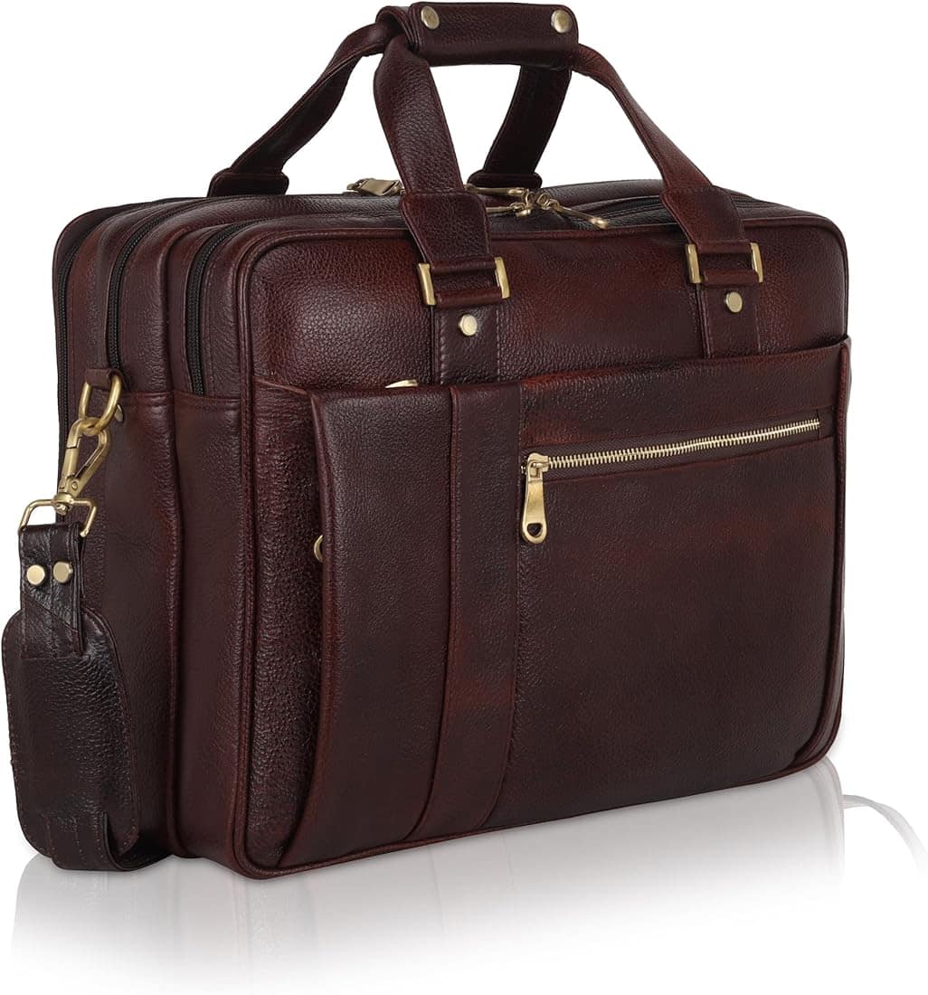 Leather executive briefcase with brass fittings and a detachable shoulder strap