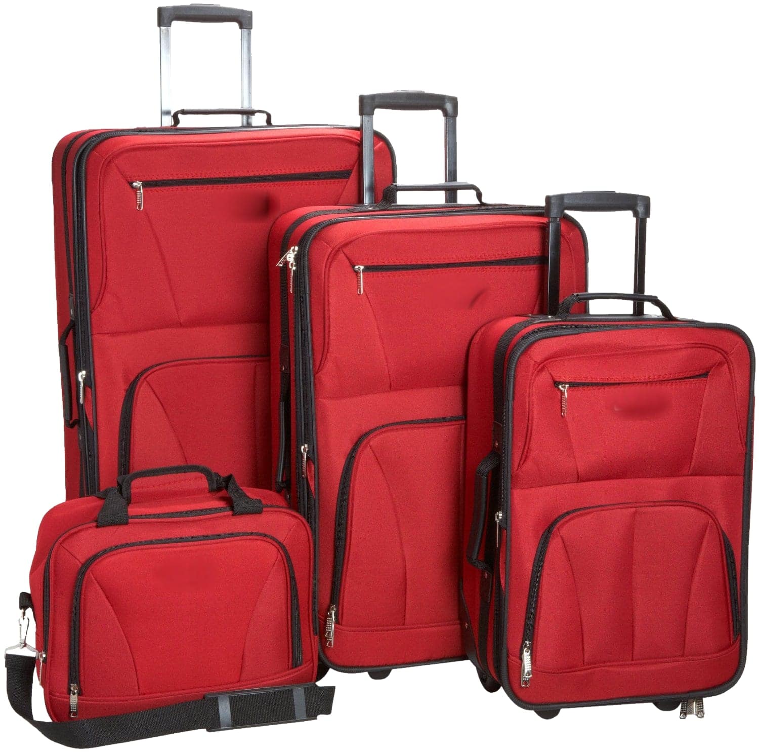 Set of three soft-sided trolley suitcases with telescopic handles, plus a matching cabin bag