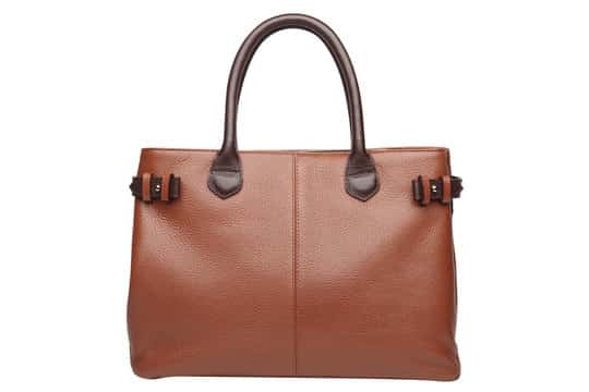 Tan grained leather handbag with rolled top handles and side buckle straps