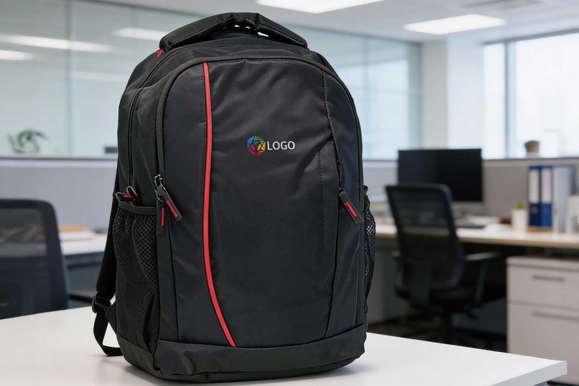 Corporate laptop backpack shown with a placeholder logo on the front