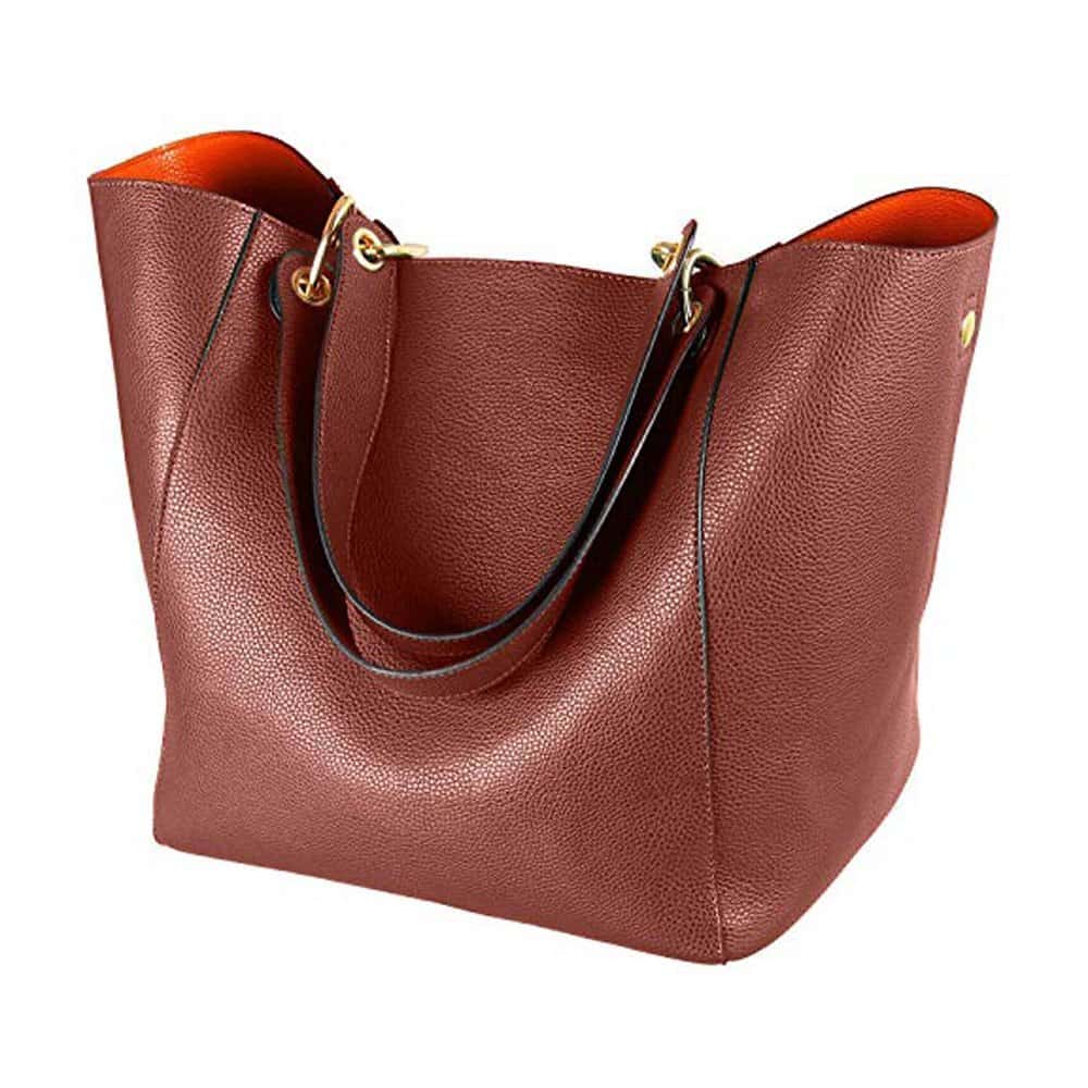 Burgundy grained PU handbag with long shoulder straps, gold fittings and an orange lining